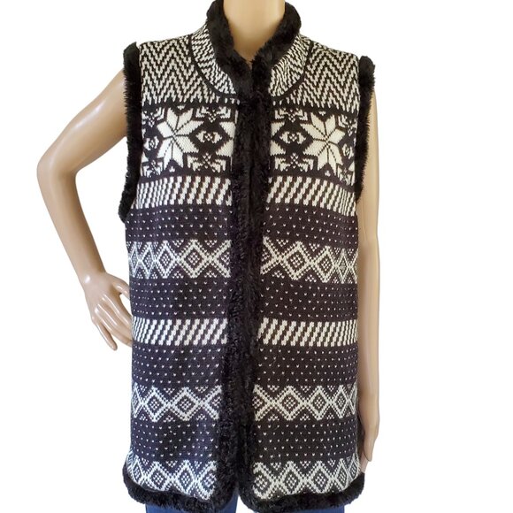 CJ Banks Fair Isle Winter Vest Women's 1X Knit Black & White Lined Sleeveless - Picture 2 of 12